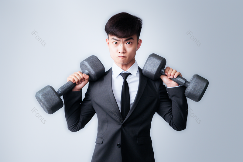 年轻商务西装男士举哑铃动作摄影,高清,摄影图,摄影图片,图片大全,摄影图免费下载